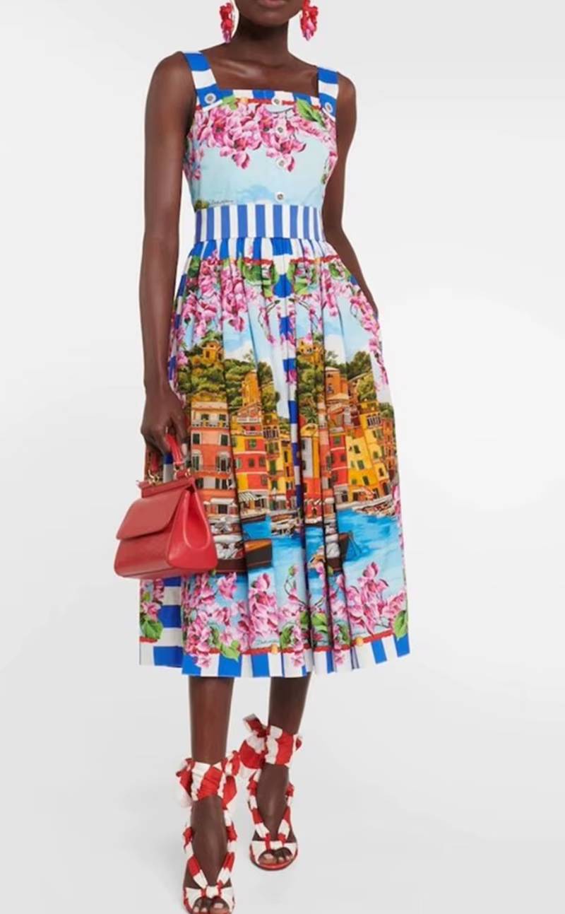 Elegant Printed Cotton High Waist Collar Tube Top Suspender Midi Dress