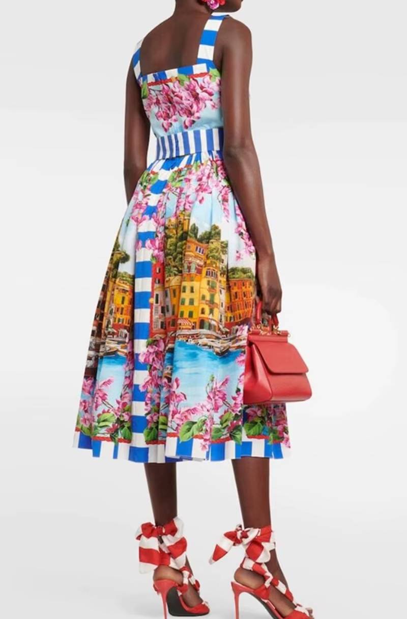 Elegant Printed Cotton High Waist Collar Tube Top Suspender Midi Dress - Image 2