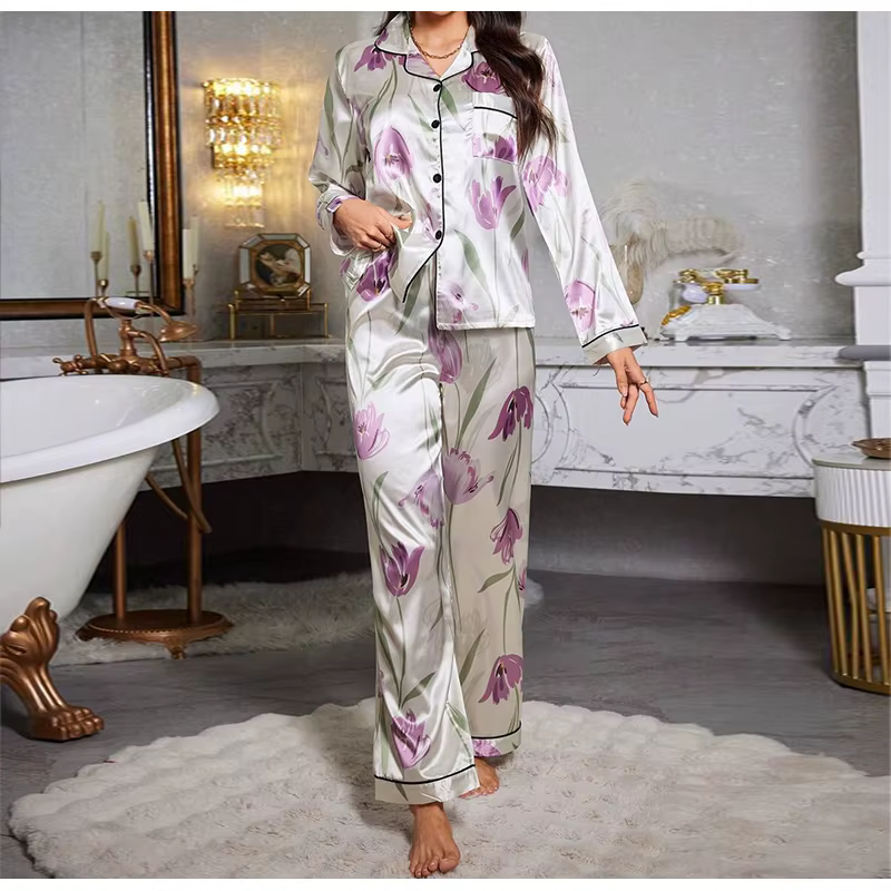 Elegant Printed Long Sleeved Top Elastic Waist Long Sleepwear Two Piece Set