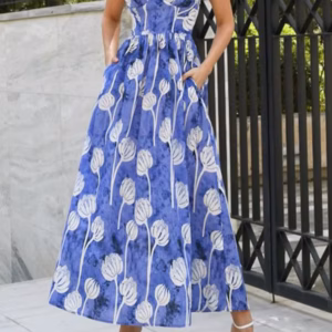 Elegant Printed Slash Neck Strap Waist Skirt With Pockets Maxi Dress