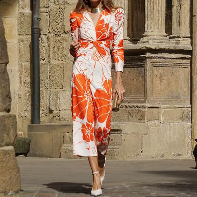 Elegant Printed V-neck Design Three Quarter Long Sleeve Midi Dress