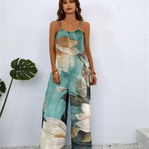 Elegant Printing Color Gradient Sleeveless Pockets Jumpsuit