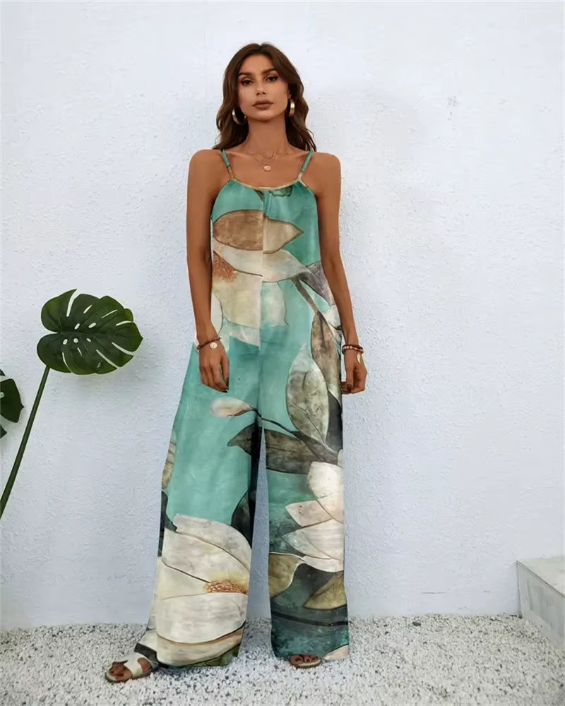 Elegant Printing Color Gradient Sleeveless Pockets Jumpsuit