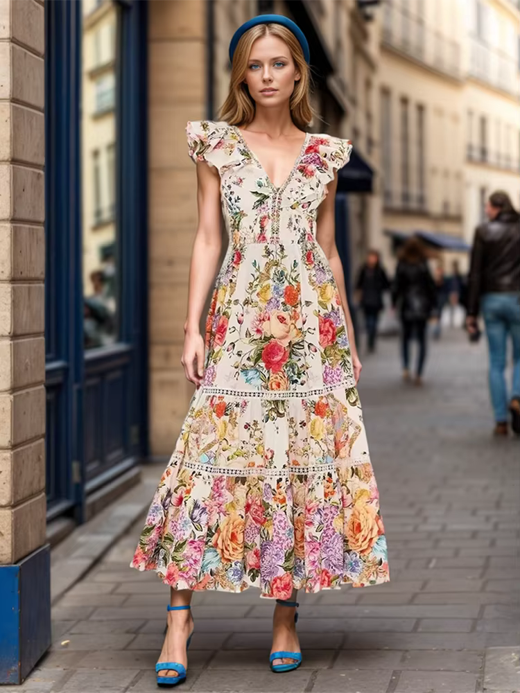 Elegant Printing V-Neck Flying Sleeve High Waist Backless Midi Dress