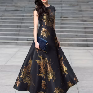 Elegant Pullover Jaquard Ankle-Length Floral Long Maxi Dress