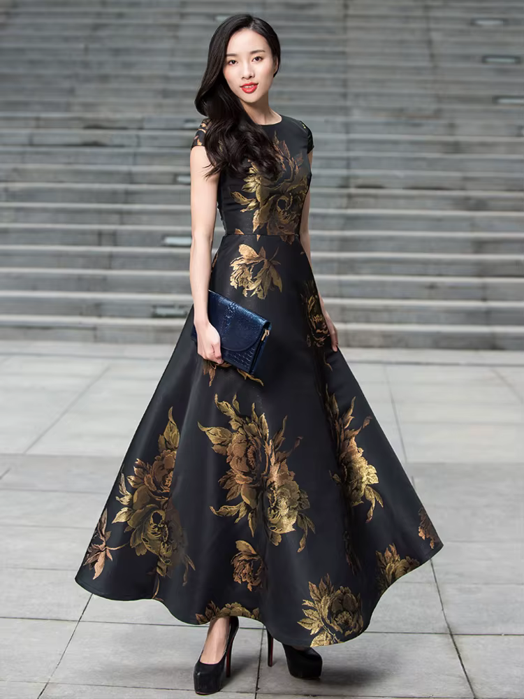 Elegant Pullover Jaquard Ankle-Length Floral Long Maxi Dress