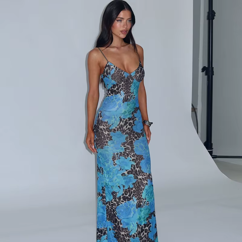 Elegant Pullover Print V-Neck Slips Backless Bodycon Maxi Dress - Image 2