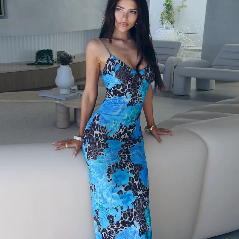 Elegant Pullover Print V-Neck Slips Backless Bodycon Maxi Dress - Image 3