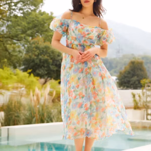 Elegant Rainbow Floral Bandage Beach Style Short Sleeve Boho Midi Sundress