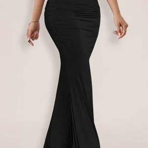 Elegant Raised Waist Polyester Elastic Waist Long Skirt Street Wear