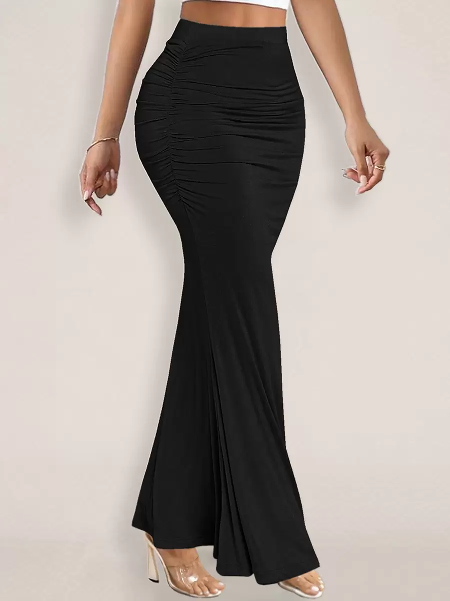 Elegant Raised Waist Polyester Elastic Waist Long Skirt Street Wear