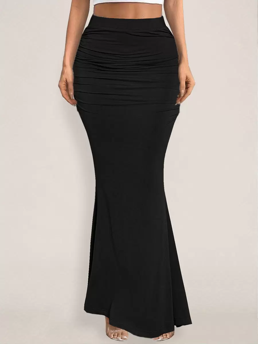 Elegant Raised Waist Polyester Elastic Waist Long Skirt Street Wear - Image 3