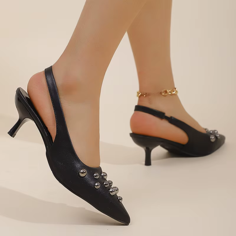 Elegant Rivet Pointed Toe Stiletto Heel Back Strap High Heel - Image 5