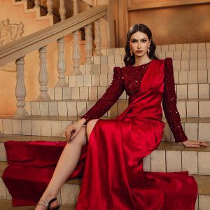 Elegant Round Church Neck Long Sleeved Sequin Satin Formal Dress