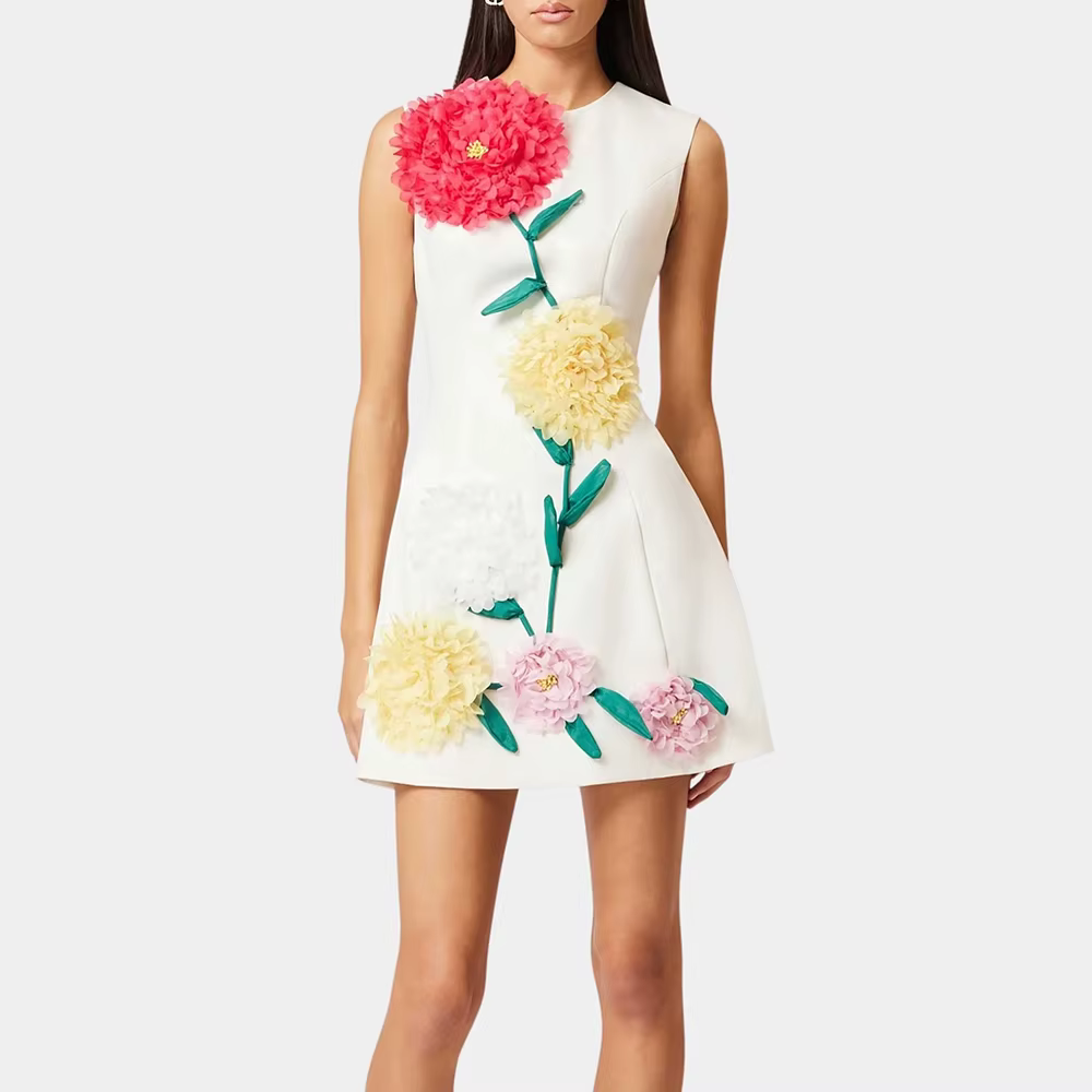 Elegant Round Neck Sleeveless Patchwork 3D Flowers Mini Dresses