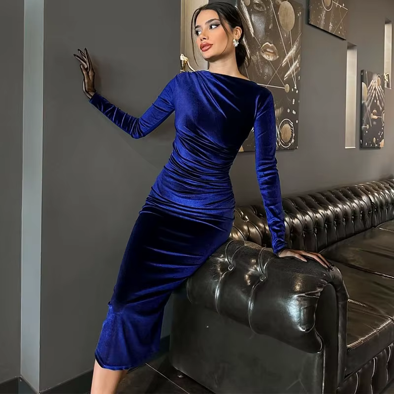 Elegant Ruched Mid-Calf Velvet synthetic fiber Long Sleeve Midi Dress