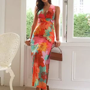 Elegant Ruffles Floral Print V-Neck Sleeveless Long Maxi Dress