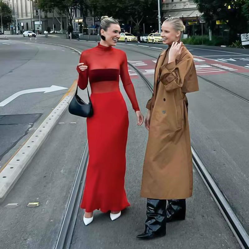 Elegant See Through Turtleneck Floor-Length High Waist Mesh Maxi Dress - Image 3