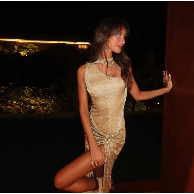 Elegant Sequin Hallow Out O-neck Knot High Split Long Sleeveless Midi Dresses - Image 3