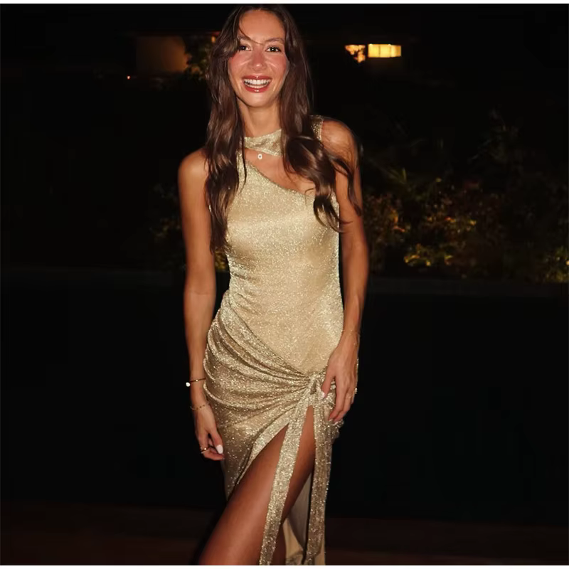 Elegant Sequin Hallow Out O-neck Knot High Split Long Sleeveless Midi Dresses - Image 5