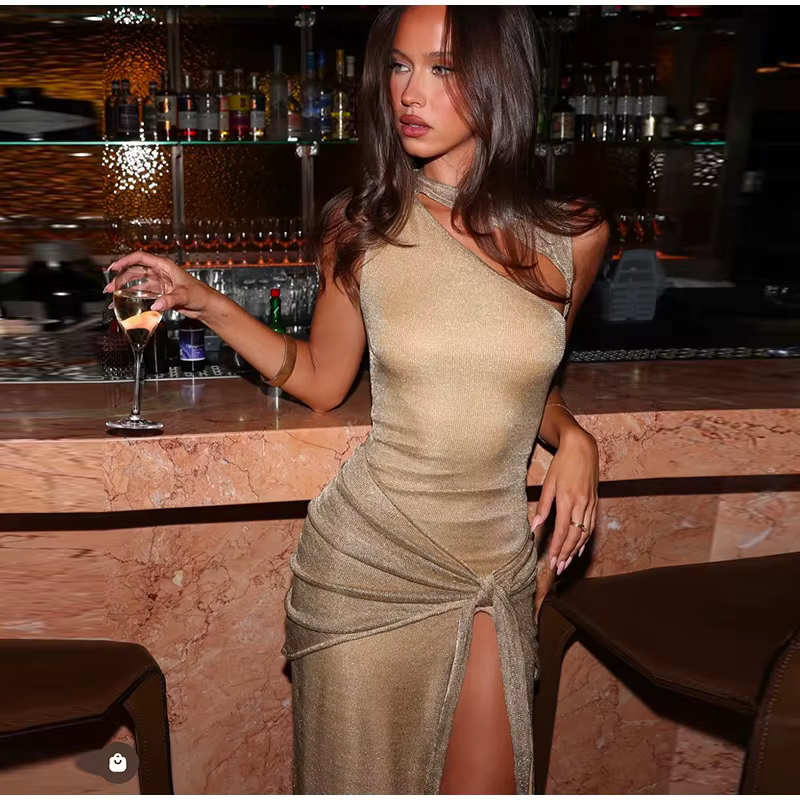 Elegant Sequin Hallow Out O-neck Knot High Split Long Sleeveless Midi Dresses