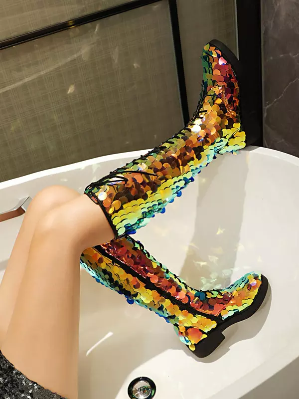 Elegant Sequined Knee High Polyurethane Lace Up Round Toe Flat Boots - Image 5