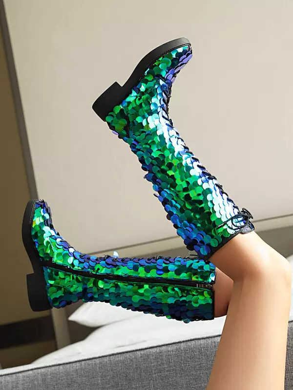 Elegant Sequined Knee High Polyurethane Lace Up Round Toe Flat Boots - Image 3