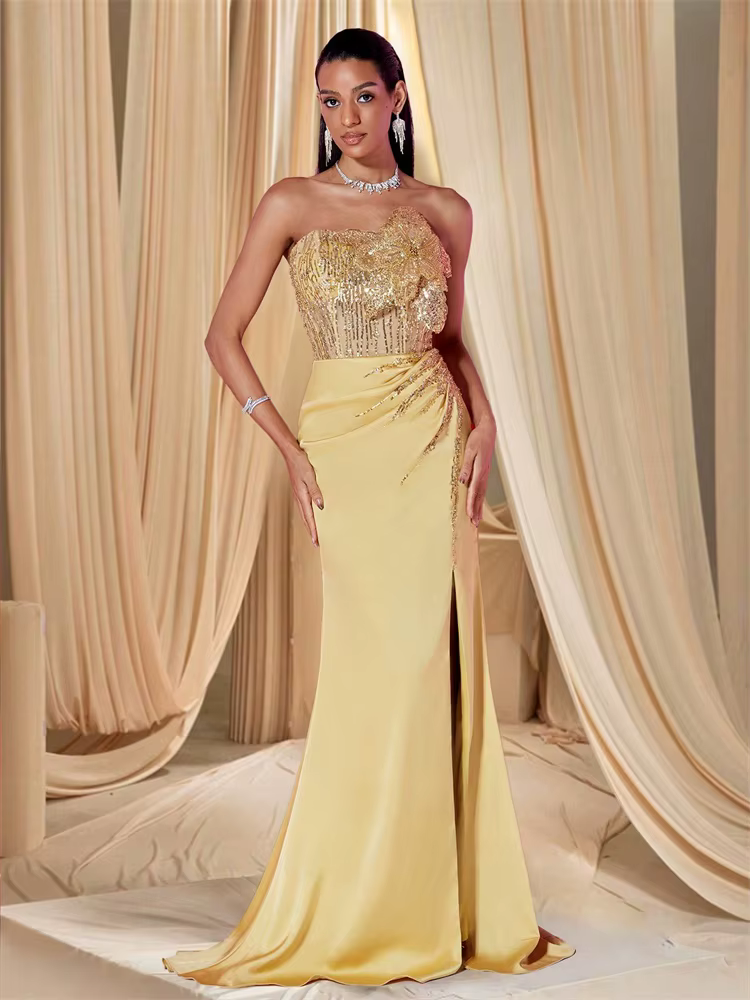 Elegant Sequins Split Floor-Length Sequin sleeveless Flower Gowns