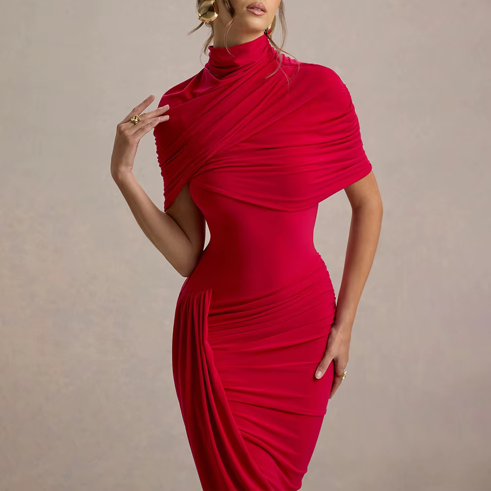 Elegant Shawl Elastic Backless Slim Tight Pleated Irregular Dress