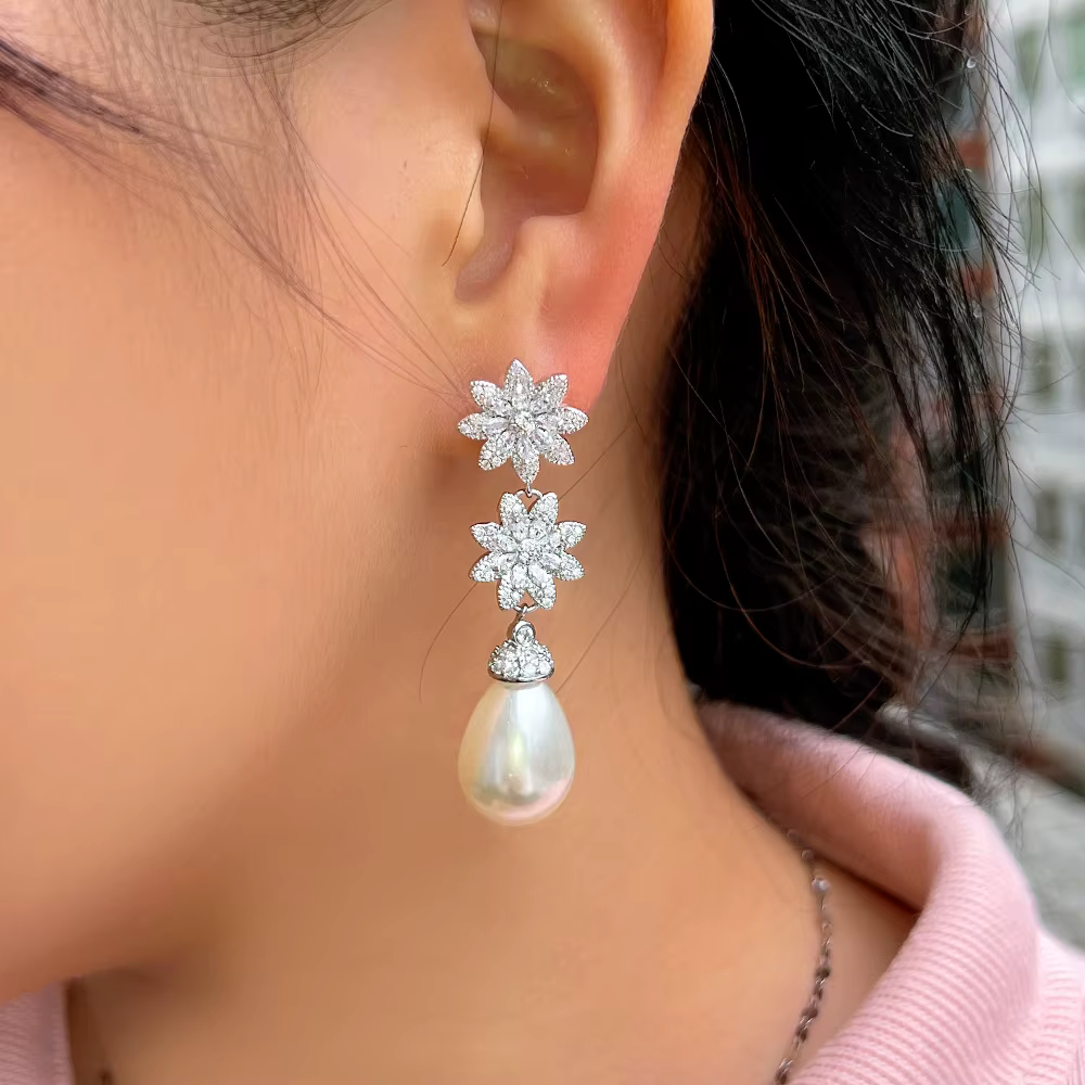 Elegant Shiny Cubic Zirconia Long Flower Simulated Pearl Earrings