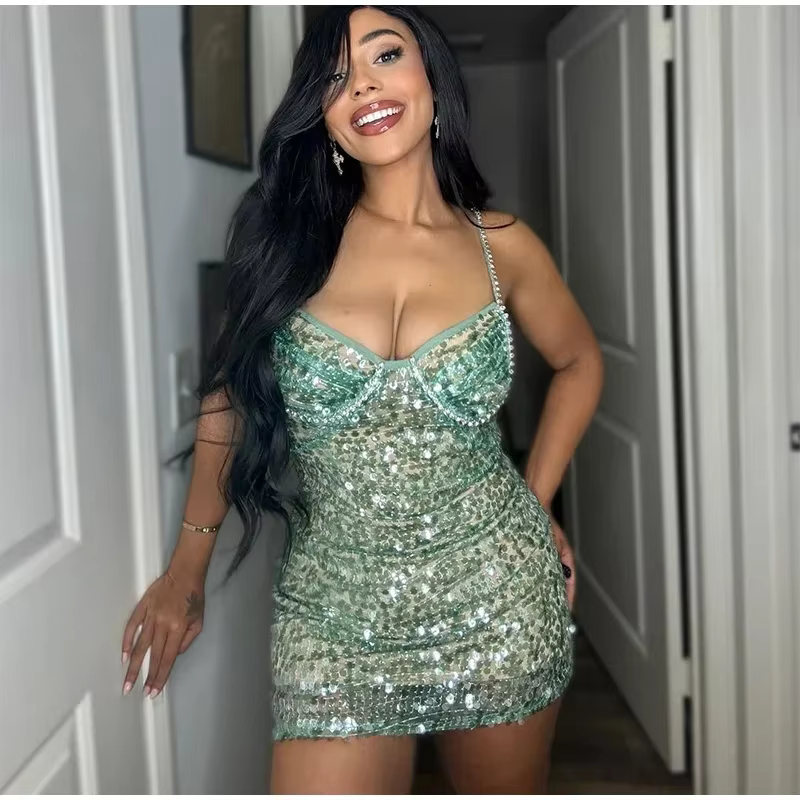 Elegant Shiny Slim Backless Sleeveless Sequin Slip Short Mini Dresses - Image 2