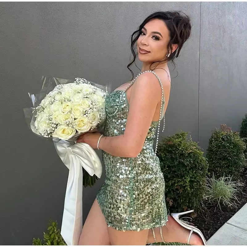 Elegant Shiny Slim Backless Sleeveless Sequin Slip Short Mini Dresses - Image 3