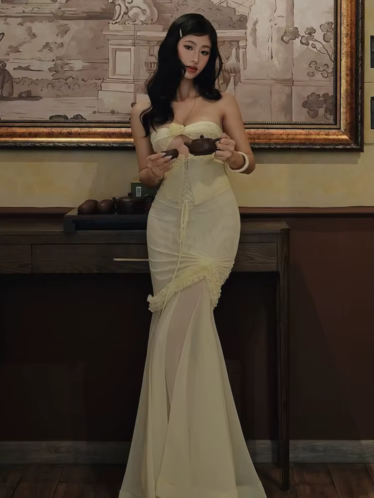 Elegant Shirring Fishtail Ruffles Patchwork Bandage Hollow Maxi Dress - Image 13