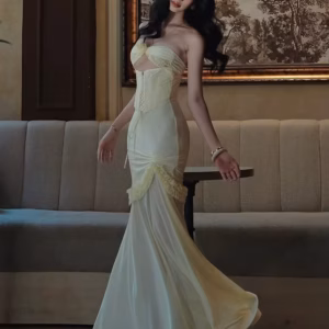 Elegant Shirring Fishtail Ruffles Patchwork Bandage Hollow Maxi Dress