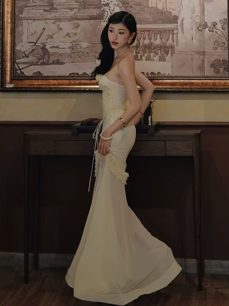 Elegant Shirring Fishtail Ruffles Patchwork Bandage Hollow Maxi Dress - Image 14