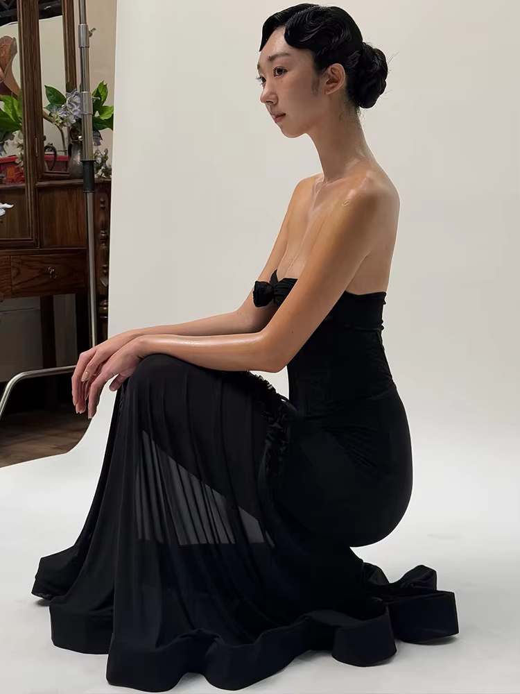 Elegant Shirring Fishtail Ruffles Patchwork Bandage Hollow Maxi Dress - Image 17