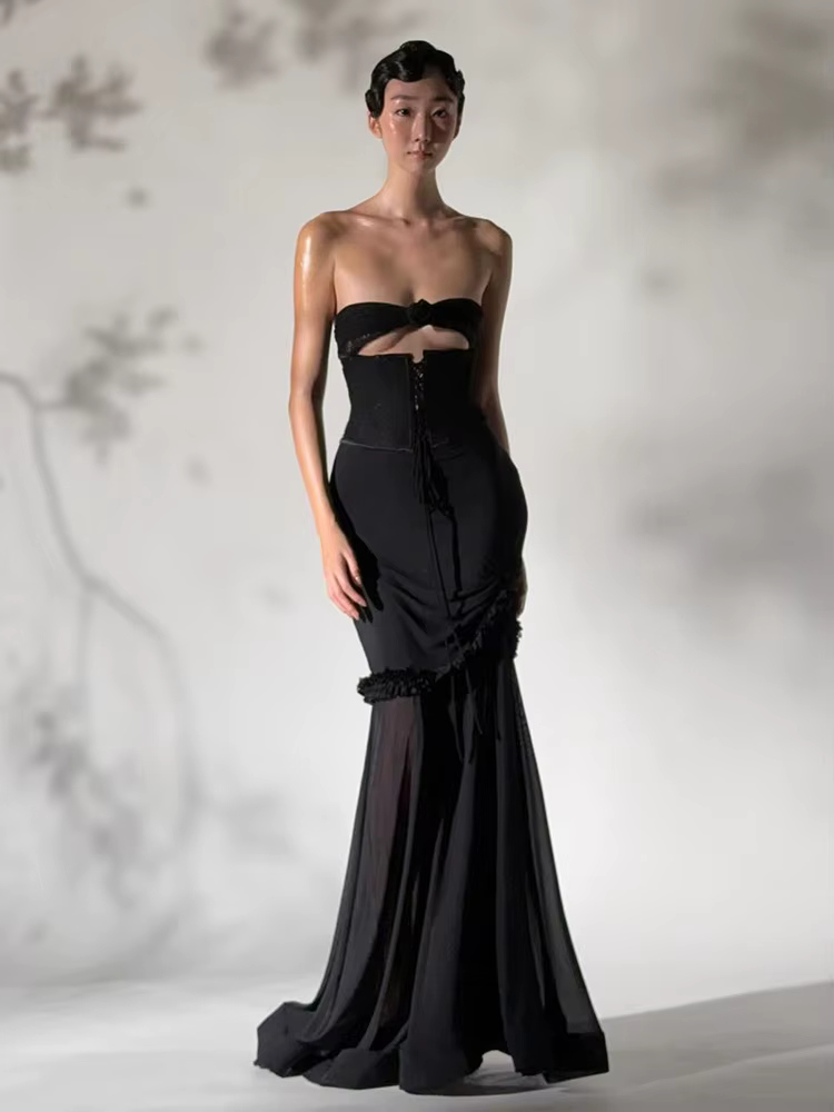 Elegant Shirring Fishtail Ruffles Patchwork Bandage Hollow Maxi Dress - Image 18