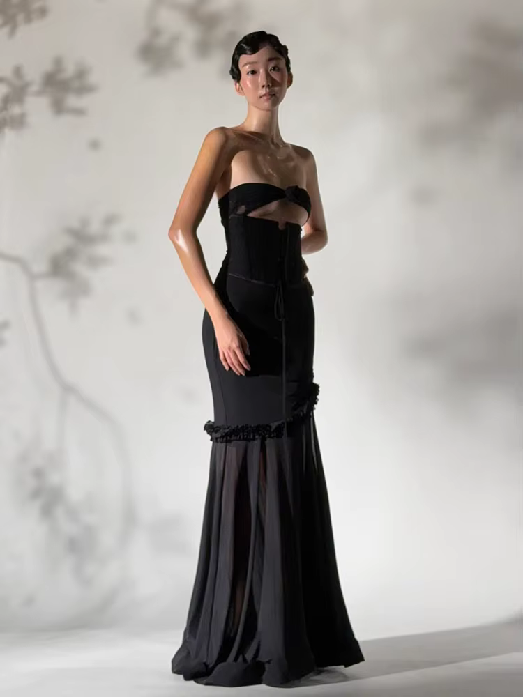 Elegant Shirring Fishtail Ruffles Patchwork Bandage Hollow Maxi Dress - Image 19