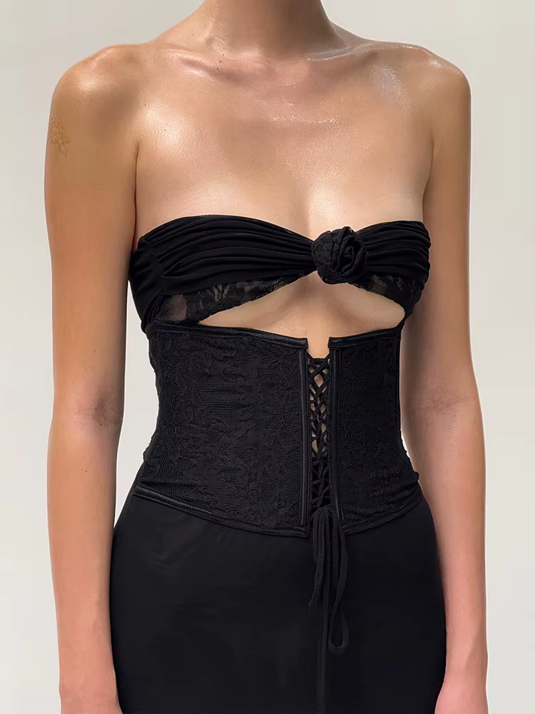 Elegant Shirring Fishtail Ruffles Patchwork Bandage Hollow Maxi Dress - Image 20