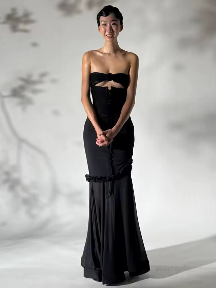 Elegant Shirring Fishtail Ruffles Patchwork Bandage Hollow Maxi Dress - Image 21