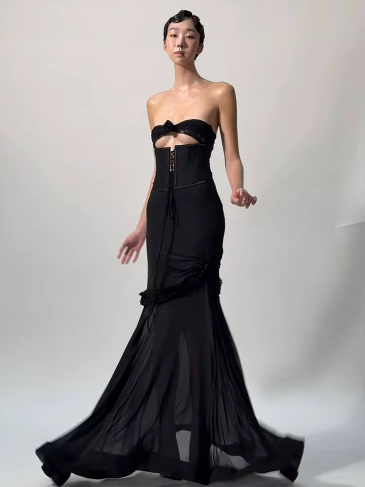 Elegant Shirring Fishtail Ruffles Patchwork Bandage Hollow Maxi Dress - Image 22