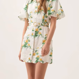 Elegant Short Lapel Lantern Sleeve High Waist Patchwork Sashes Printed Shirts Dress