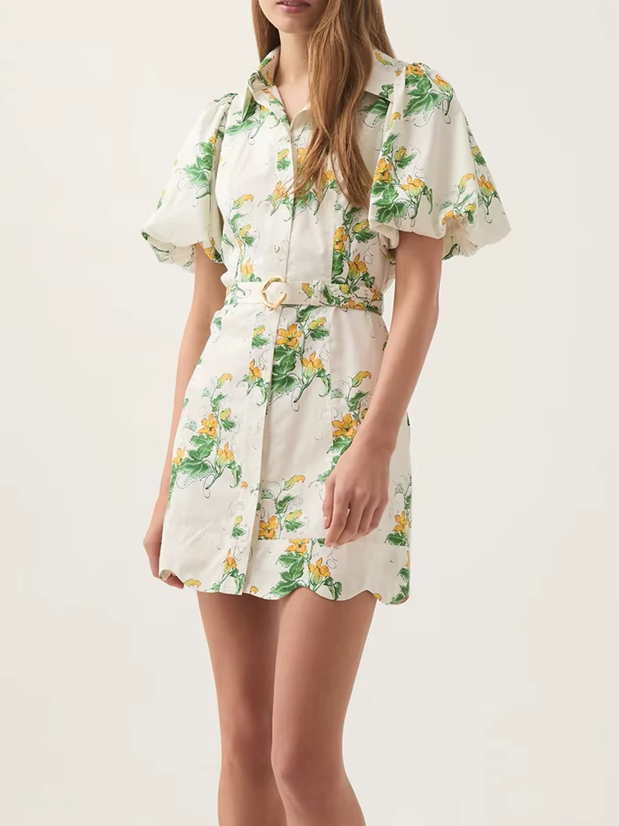 Elegant Short Lapel Lantern Sleeve High Waist Patchwork Sashes Printed Shirts Dress