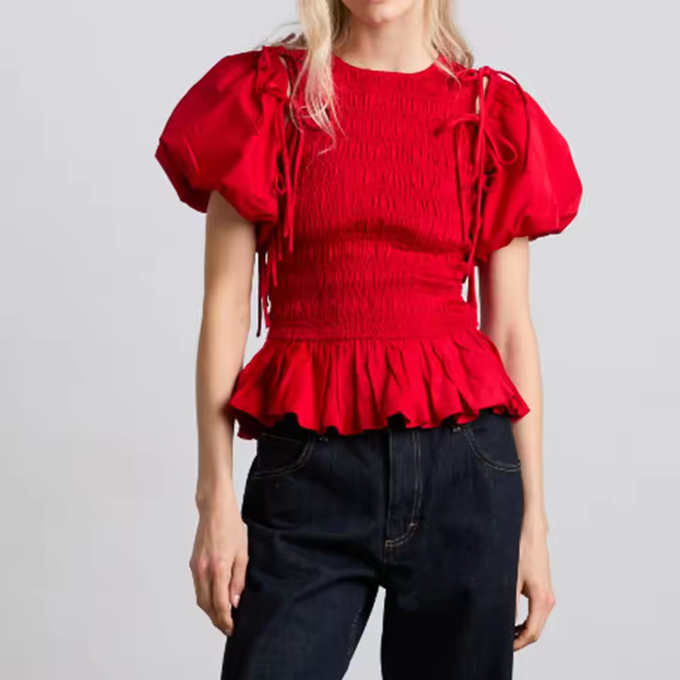 Elegant Short Puff Sleeve Solid Color Round-Neck Smocked Shirred Tie-up Bow Puffball Hem Peplum Blouse Tops