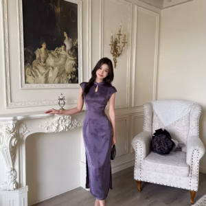 Elegant Short Sleeve Long Stand Collar Zipper Maxi Dresses