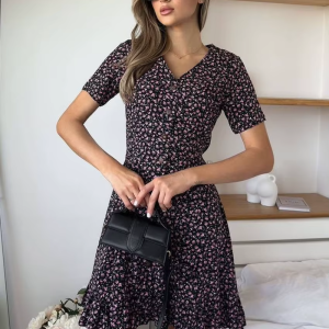 Elegant Single Breasted Pleated Fashion Loose Print V-Neck Short Sleeve Mini Dress