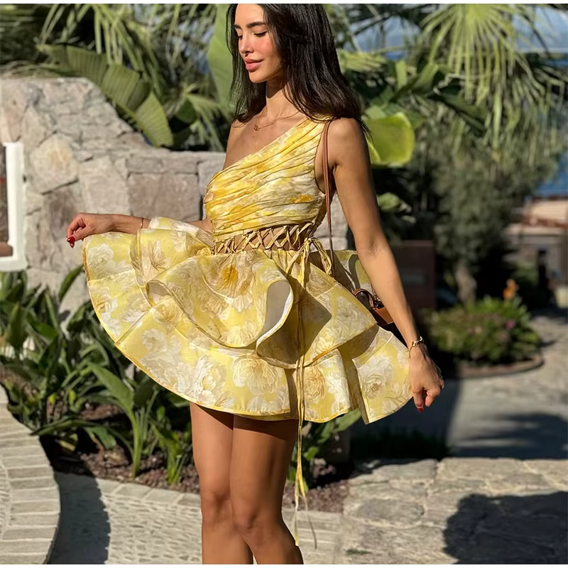 Elegant Single Shoulder Hollow Out Pleated Printed Sleeveless Short Mini Dress - Image 8