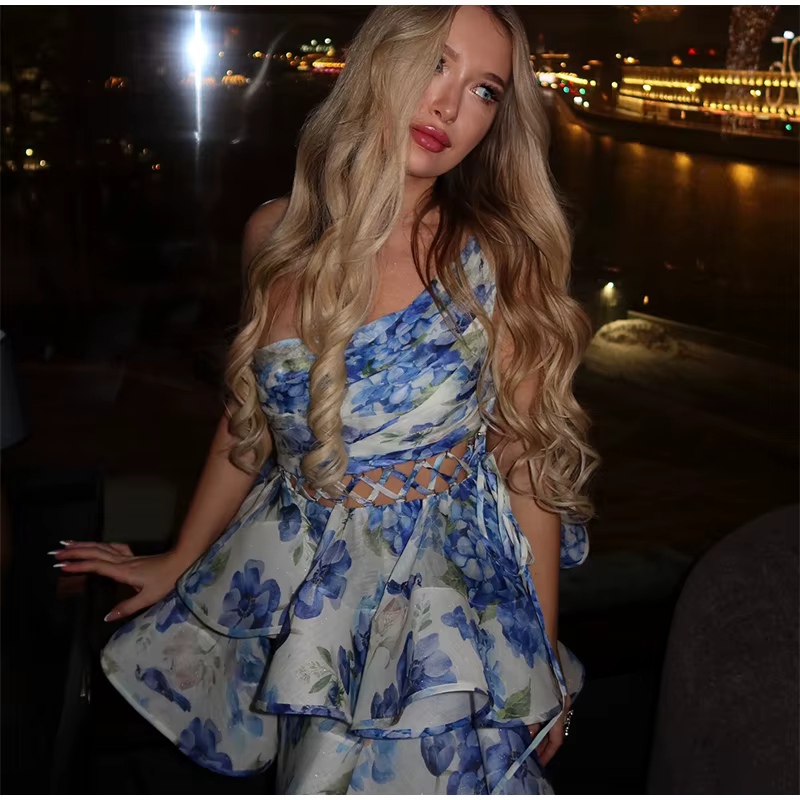 Elegant Single Shoulder Hollow Out Pleated Printed Sleeveless Short Mini Dress - Image 11