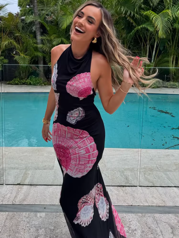 Elegant Sleeveless High Waist Print Shell Backless Slim Maxi Dress Beachwear - Image 3