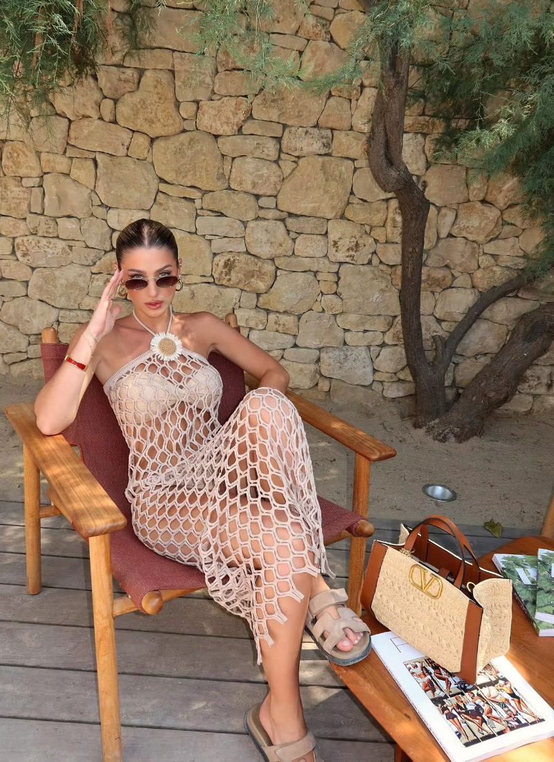 Elegant Solid Halter Neck Beach Column Cover Up Sleeveless Long Dress - Image 5